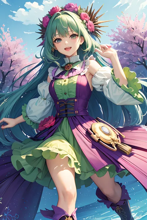 (​masterpiece、top-quality、top-quality、Official art、Beautifully Aesthetic:1.2)、(1girl in)、ighly detailed、(Fractal Art:1.3)、colourfull、Maximize full-body detail,Green dress, frilld, length hair, Floating hair, microphone, holding the mic, one eye closed, ope...