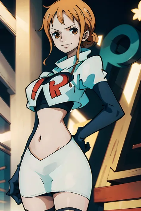 Nami (one piece),1girl,team rocket,team rocket uniform,white skirt,crop top,black thigh-highs,black elbow gloves ,evil smile