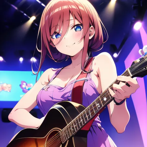 ((masutepiece)), ((Best Quality)), (Ultra-detailed), Anime style, Live performance venue, Cute little girl s, 1girl in, Solo, Playing the guitar 00, ((Beautiful eyes))0, Smile