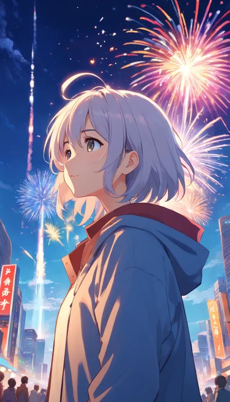 best qualtiy， tmasterpiece， 超高分辨率， realisticlying，1 girl，1 boy， long  white hair，Heterochromic pupils，Loose coat，back-to-back，head looking up，cheerfulness，fire works，wide angles