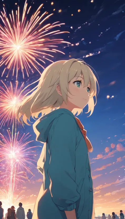 best qualtiy， tmasterpiece， 超高分辨率， realisticlying，1 girl，1 boy， long  white hair，Heterochromic pupils，Loose coat，back-to-back，head looking up，cheerfulness，fire works，wide angles