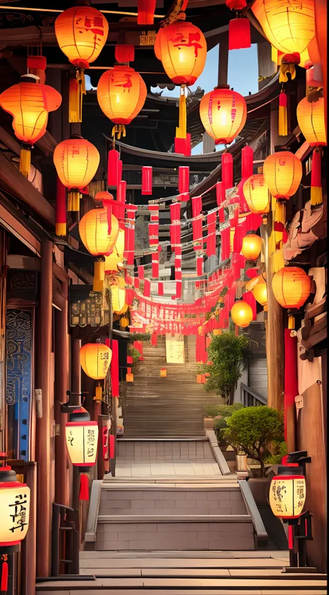 A masterpiece of Chinese architecture, Best quality, Shop, Real world, fantasy, Charming, modern, (No Man:1), Chinese modern style, tbustling street, traditional architecture, Lanterns, old-fashioned wooden signs, Modern atmosphere.,