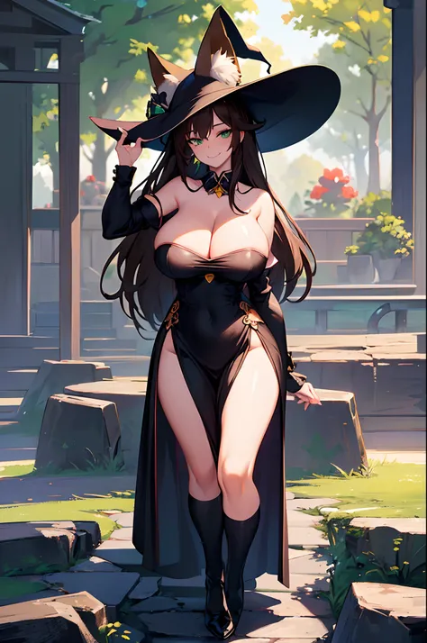 (Masterpiece, best quality, beautiful eyes, highly detailed, high res, anime), 1 girl, fox ears, fox tail, dark brown hair, green eyes, massive breasts, massive cleavage, witch, witch hat, witch dress, magic school uniform, sexy, mature woman, smugly smili...