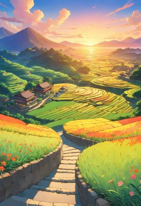 terrazzo,Rice terraces,Sunset,Vibrant colors,Soft lighting