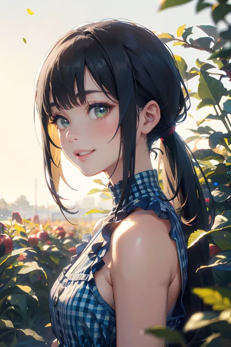 a 20 yo woman、Black blue Hair、poneyTail、Big smile、Blue gingham check dress、full bodyesbian、(hi-top fade:1.3)、dark themed、Muted Tones、Subdued Color、highly contrast、Green meadow background、Have autumn fruits、apple、(natural skin textures、Hyper-Realism、Soft li...