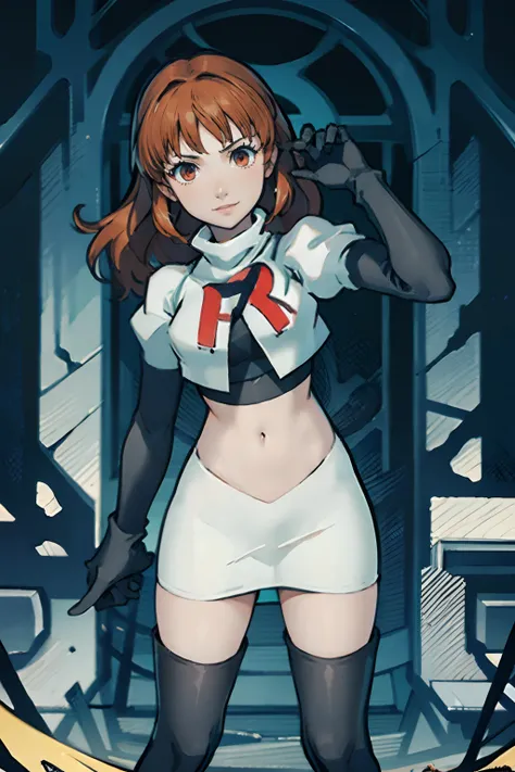 celica fe,1girl,team rocket,team rocket uniform,white skirt,crop top,black thigh-highs,black elbow gloves ,evil smile