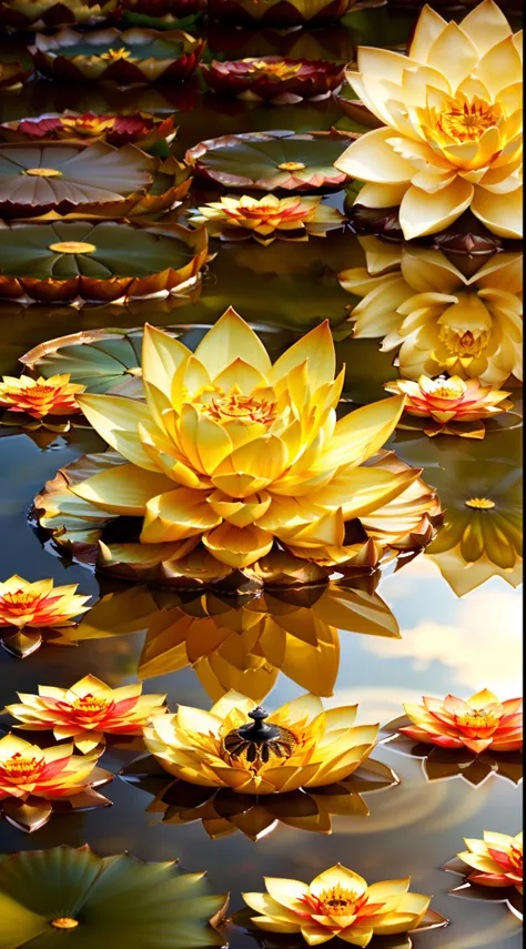 A golden flower floats in the water，lotus flower，lotus flower，Sit on a lotus flower，Reflecting flowers，lotus flower，lotuspond，standing gracefully upon a lotus，lotuses，Lotus flowers in water，floating in a powerful zen state，lotus petals，Princess Jinlian，Bea...