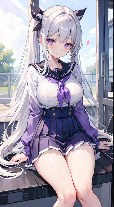 Big breasts loli，silver-white long hair，Double ponytail to waist， Broken hair curtain，，Crystal purple eyes，Sailor uniform school uniform，Lift your skirt with both hands，Show off panties with a smile，White panties have a heart shape，Detailed description of ...