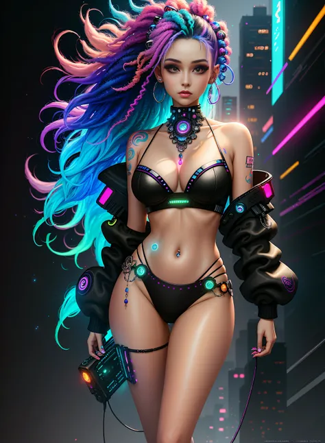 ((best quality)), ((masterpiece)), ((realistic)), (detailed), (1 girl) full body woman with colorful hair and piercings, dreamy cyberpunk girl, 4K high-detail digital art, stunning digital illustration, stunning 8K artwork, colorful digital fantasy art, co...