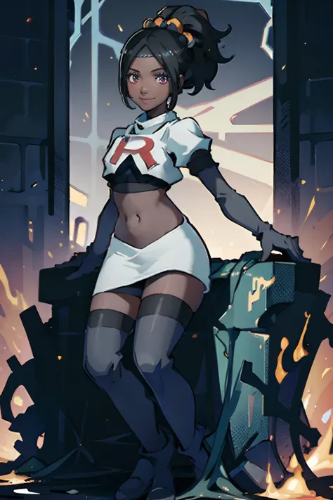 timerra, 1girl,team rocket,team rocket uniform,white skirt,crop top,black thigh-highs,black elbow gloves ,evil smile, dark skin