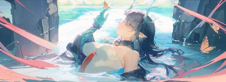 Anime girl lying in water，Butterfly in hand, Beautiful anime artwork, Guviz, beautiful fantasy anime, Beautiful anime art, Guviz-style artwork, detailed anime art, author：Shitao, Detailed anime artwork, Detailed digital anime art, Anime fantasy artwork, Be...