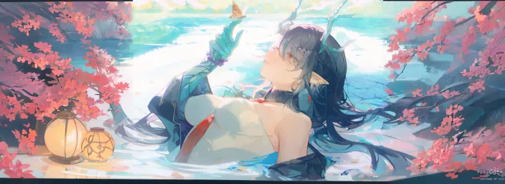 Anime girl lying in water，Butterfly in hand, Beautiful anime artwork, Guviz, beautiful fantasy anime, Beautiful anime art, Guviz-style artwork, detailed anime art, author：Shitao, Detailed anime artwork, Detailed digital anime art, Anime fantasy artwork, Be...