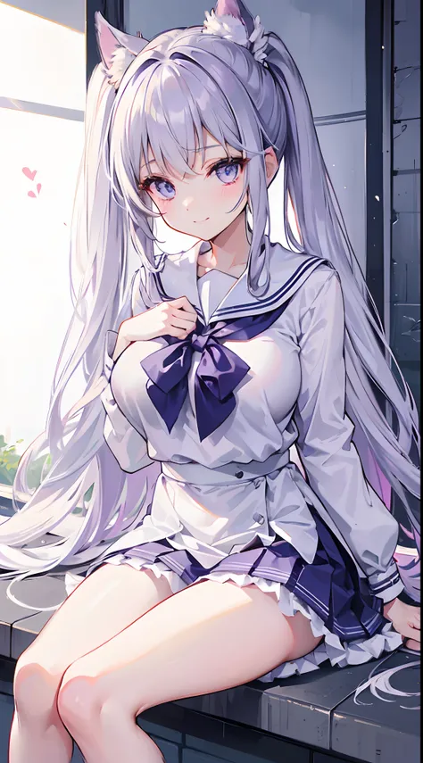 Big breasts loli，silver-white long hair，Double ponytail to waist， Broken hair curtain，，Crystal purple eyes，Sailor uniform school uniform，Lift your skirt with both hands，Show off panties with a smile，White panties have a heart shape，Detailed description of ...