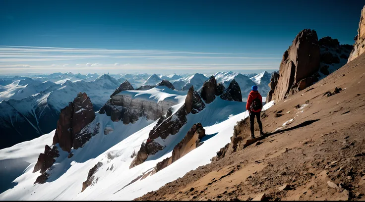 A person climbing a mountain, looking out at a challenging but beautiful view.