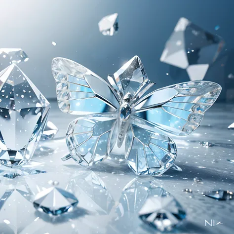 background with glass,crystal,beautiful detail background,{{{white butterfly}}}, diamond world, crystal flower,ice theme, falling ice,white crystal background, nihilism, frustration,glass rain,white ice,no people