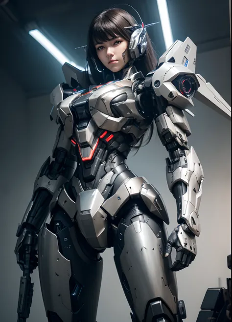 Textured skin, Super Detail, high details, High quality, Best Quality, hight resolution, 1080p, hard disk, Beautiful,(War Machine),beautiful cyborg woman,Mecha Cyborg Girl,Battle Mode,Girl with a Mecha Body,She wears a futuristic war machine weapon mech