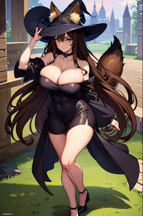 (Masterpiece, best quality, beautiful eyes, highly detailed, high res, anime), 1 girl, fox ears, fox tail, dark brown hair, green eyes, massive breasts, massive cleavage, witch, witch hat, witch dress, magic school uniform, sexy, mature woman, smugly smili...