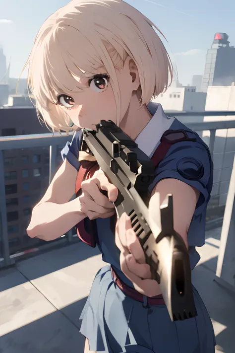 Masterpiece,best quality,
Sailor Mercury, aiming AK-47 assault rifle, determined expression, Sailor Scout outfit, short blue hair, urban rooftop setting, smoggy, intense.