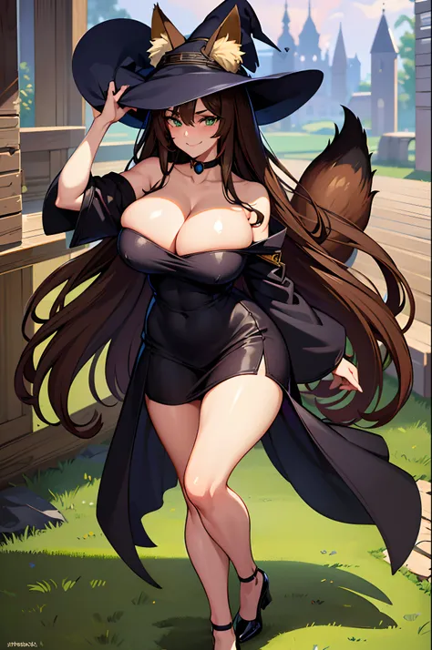 (Masterpiece, best quality, beautiful eyes, highly detailed, high res, anime), 1 girl, fox ears, fox tail, dark brown hair, green eyes, massive breasts, massive cleavage, witch, witch hat, witch dress, magic school uniform, sexy, mature woman, smugly smili...