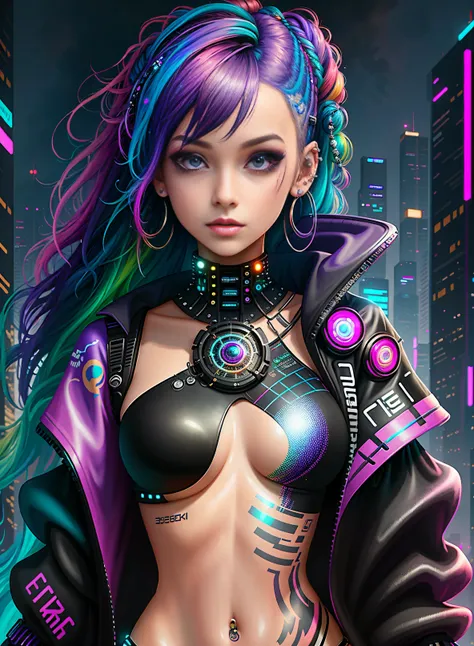 ((best quality)), ((masterpiece)), ((realistic)), (detailed), (1 girl) full body woman with colorful hair and piercings, dreamy cyberpunk girl, 4K high-detail digital art, stunning digital illustration, stunning 8K artwork, colorful digital fantasy art, co...