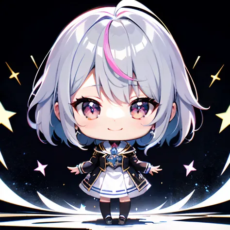 超A high resolution, Best aesthetic, Top quality depiction of the foot, Put on a jacket,  Black and blue hair on the back, Flat Avatar,  Anime visuals of cute girls, Cute art style, Chibi,  Shorthair, Ahoge, is shy, A smile, hair adornments,Chest out, absur...