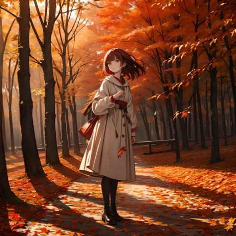 a masterpiece, high resolution, bright red autumn leaves waiting in the wind, a standing girl, delicate and detailed writing.