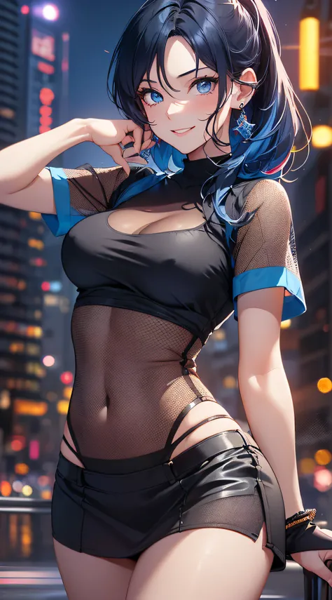 top-quality、Top image quality、​masterpiece、girl with((18year old、Best Bust、Medium bust、Bust 85,Beautiful blue eyes、Breasts wide open,Black Short Sleeve T-Shirt、White see-through、Black short skirt、Ponytail with black hair、Smile Face、Beautiful blue earrings、...