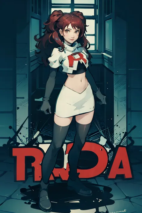 risekujikawa, 1girl,team rocket,team rocket uniform,white skirt,crop top,black thigh-highs,black elbow gloves ,evil smile