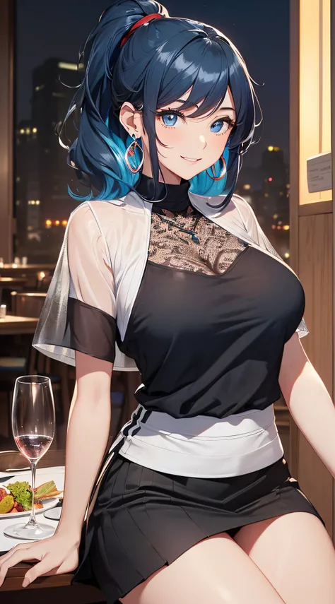 top-quality、Top image quality、​masterpiece、girl with((18year old、Best Bust、Medium bust、Bust 85,Beautiful blue eyes、Breasts wide open,Black Short Sleeve T-Shirt、White see-through、Black short skirt、Ponytail with black hair、Smile Face、Beautiful blue earrings、...