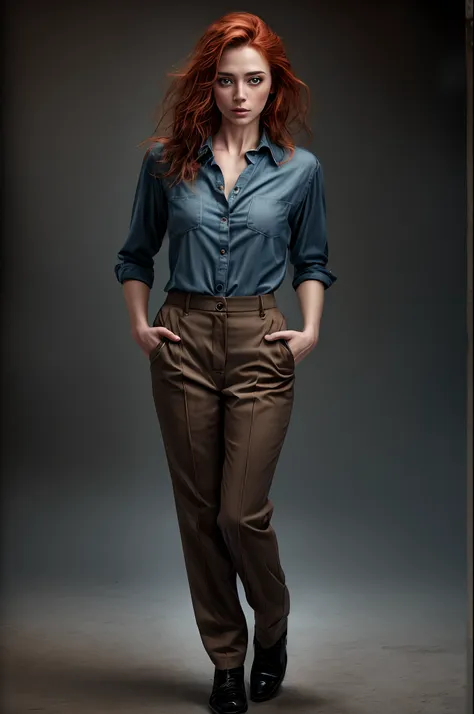 a photo of a seductive woman with loose styled redhead hair, posing in dark studio, she is wearing button-up shirt and trousers,...