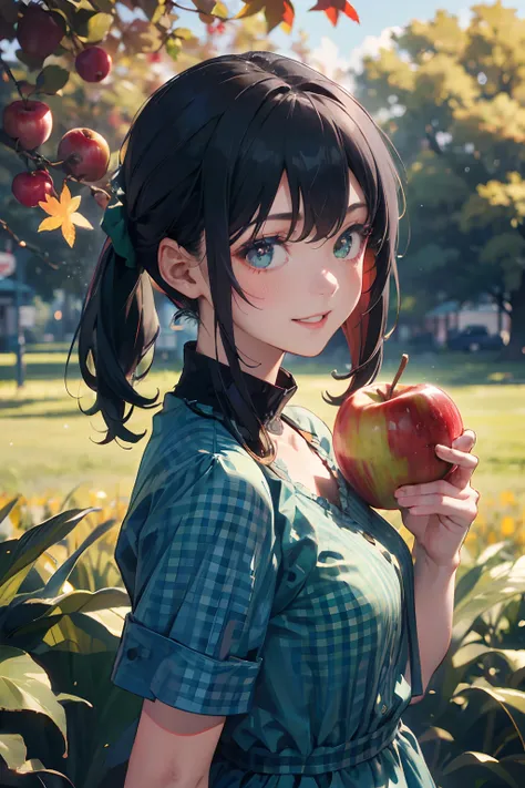 a 20 yo woman、Black blue Hair、poneyTail、Big smile、Blue gingham check dress、full bodyesbian、(hi-top fade:1.3)、dark themed、Muted Tones、Subdued Color、highly contrast、Green meadow background、Have autumn fruits、apple、(natural skin textures、Hyper-Realism、Soft li...