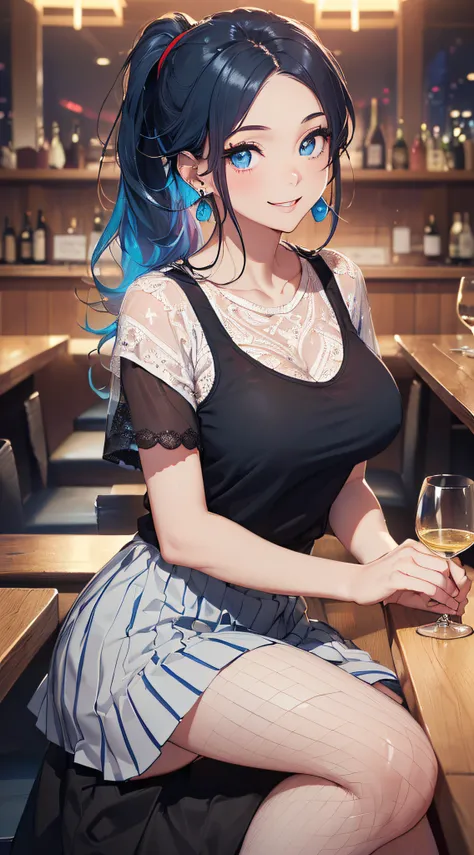 top-quality、Top image quality、​masterpiece、girl with((18year old、Best Bust、Medium bust、Bust 85,Beautiful blue eyes、Breasts wide open,Black Short Sleeve T-Shirt、White see-through、Black short skirt、Ponytail with black hair、Smile Face、Beautiful blue earrings、...