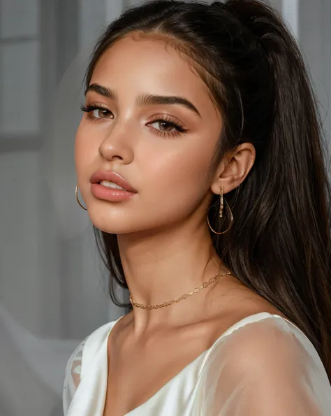 a close up of a woman with long hair wearing a white dress, portrait sophie mudd, clear portrait of demi rose, madison beer girl...