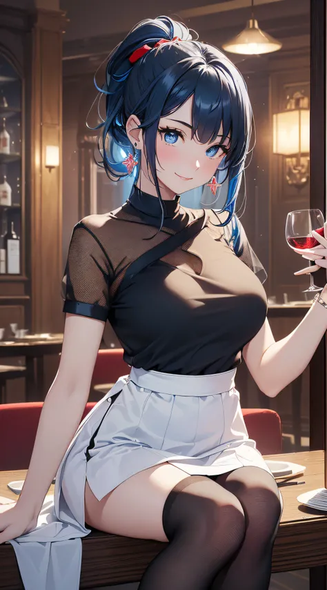 top-quality、Top image quality、​masterpiece、girl with((18year old、Best Bust、Medium bust、Bust 85,Beautiful blue eyes、Breasts wide open,Black Short Sleeve T-Shirt、White see-through、Black short skirt、Ponytail with black hair、Smile Face、Beautiful blue earrings、...