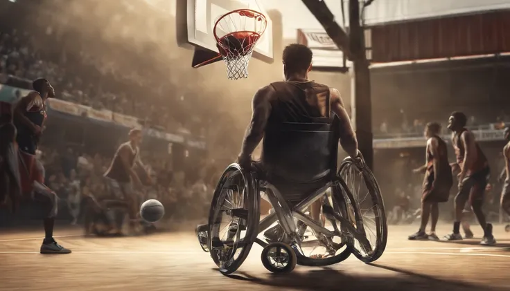 A person in a wheelchair playing basketball with their friends.