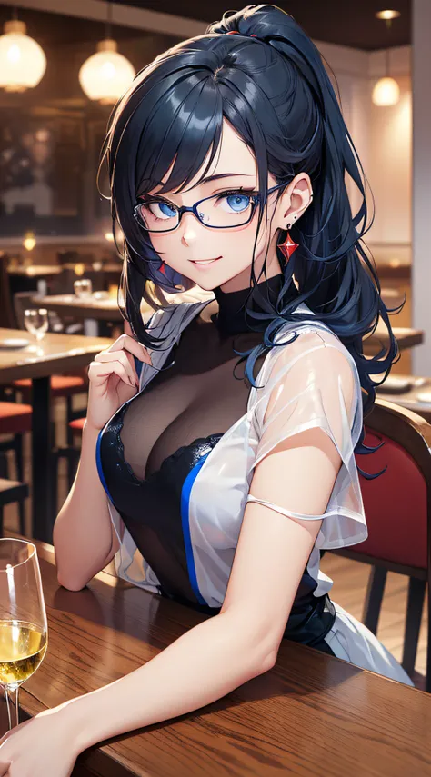 top-quality、Top image quality、​masterpiece、girl with((18year old、Best Bust、Medium bust、Bust 85,Beautiful blue eyes、Breasts wide open,Black Short Sleeve T-Shirt、White see-through、Black short skirt、Ponytail with black hair、Smile Face、Beautiful blue earrings、...