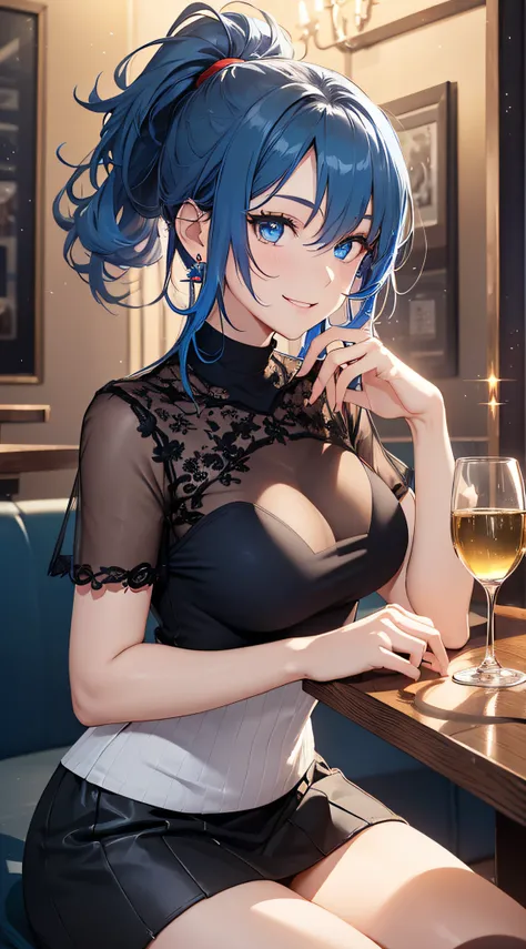 top-quality、Top image quality、​masterpiece、girl with((18year old、Best Bust、Medium bust、Bust 85,Beautiful blue eyes、Breasts wide open,Black Short Sleeve T-Shirt、White see-through、Black short skirt、Ponytail with black hair、Smile Face、Beautiful blue earrings、...