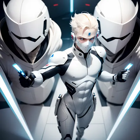 (futuristic, sci fi)Male in all white body suit, blonde hair, white gaunlets, full body suit, hands visible, hair visible, pale skin, beautiful face, masterpiece, white futuristic mask covering mouth, eyes visible, evil intent, weapon in hand, soldiers in ...