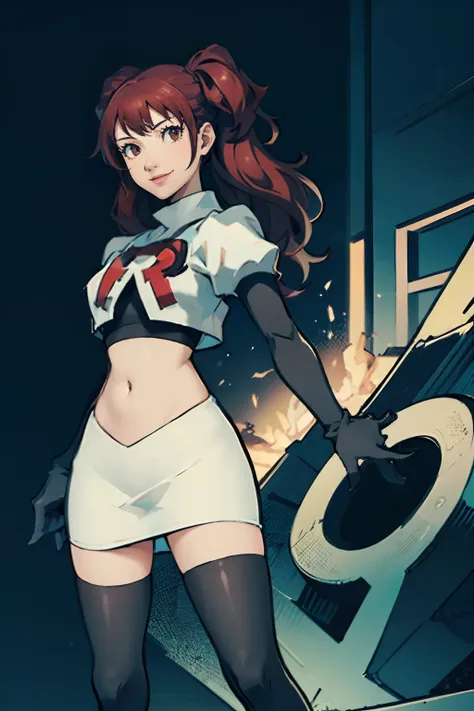 risekujikawa, 1girl,team rocket,team rocket uniform,white skirt,crop top,black thigh-highs,black elbow gloves ,evil smile