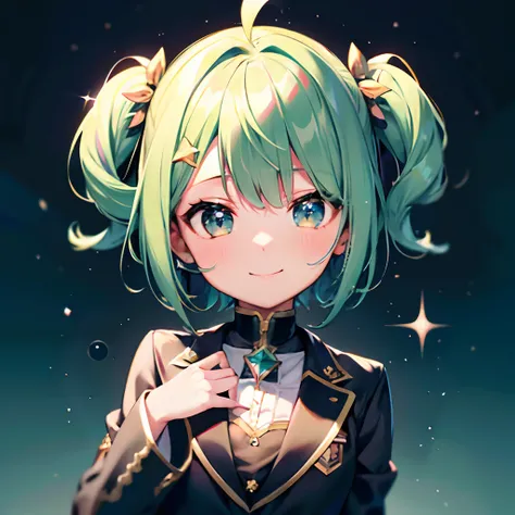 超A high resolution, Best aesthetic, Top quality depiction of the foot, Put on a jacket,  Green and blue hair on the back, Flat Avatar,  Anime visuals of cute girls, Cute art style, Chibi,  Shorthair, Ahoge, is shy, A smile, hair adornments,Chest out, absur...