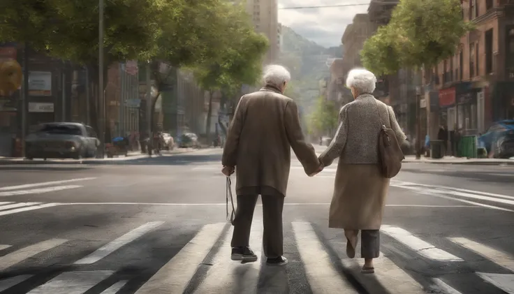 A person helping an elderly person cross the street.