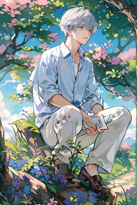 Very beautiful boy、silber hair、country scenery、White cutter shirt、half-pants、Natural lighting、Studio Ghibli、blue-sky、hight resolution、Best Quality,