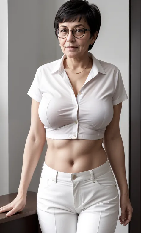 impudent spectacled very old aged elderly older mature nerd cheeky master mistress with hands leaning down, brazenly wears a very unbuttoned unglued overly skimpy midriff-shirt, that braless ladys belly-shirt completely bares her torso from her crotch to h...