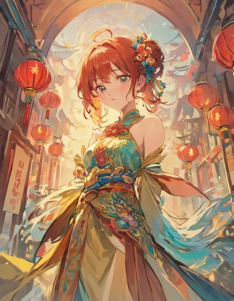 There were women in ancient China, Bare back，There are tattoos on bare shoulders，Red and turquoise flowers, ukiyo-style, Guviz-style artwork, Guviz, alphonse mucha and rossdraws, a beautiful artwork illustration, by Li Song, by Yang J, Authors：Will Jae, by...