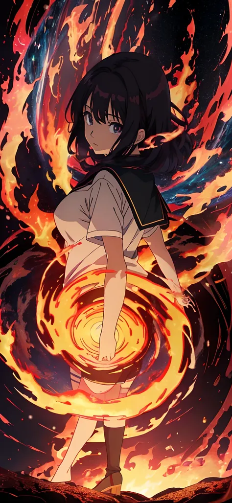 anime girl standing in front of a spiral vortex with a black hole in the background, anime art wallpaper 8 k, anime art wallpaper 4k, anime art wallpaper 4 k, anime style 4 k, anime epic artwork, flames surround her, wreathed in flame, anime wallpaper 4 k,...