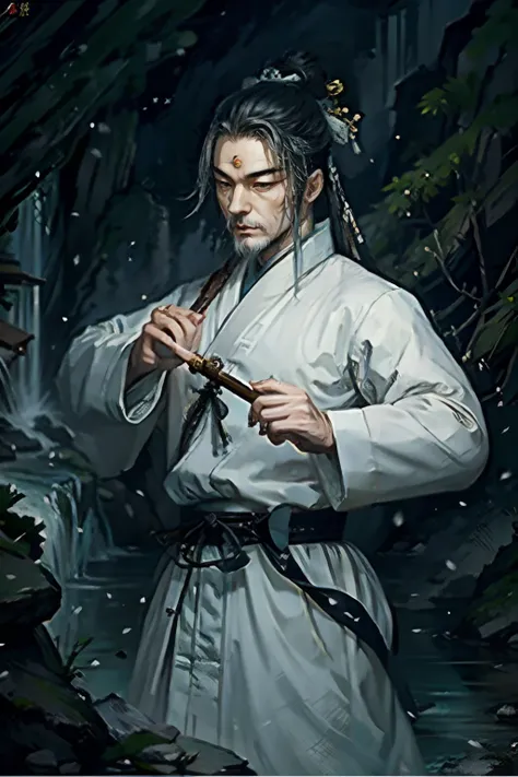 the background is alpine flowing water,the character is an ancient taoist priest,with a weapon in his hand。the weapon glows whit...