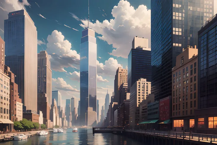 oilpainting anime background, skyline New York 1930, Manhattan, Hudson river, cloudy afternoon, studio Ghibli, --auto --s2