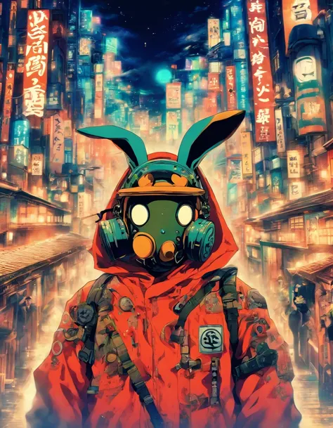 masutepiece, Best Quality, 4K, 超A high resolution, ultra-detailliert, High resolution, Ultra HD, sophisticated details, ukiyoe painting, city at night background, a gas mask, Robot goggles, headphones, mechanical bunny hat, Cross-processing effect