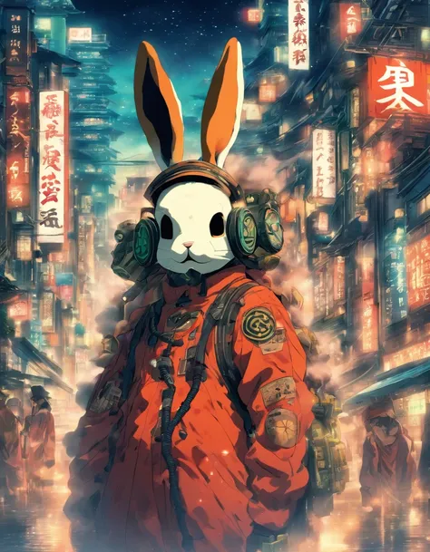 masutepiece, Best Quality, 4K, 超A high resolution, ultra-detailliert, High resolution, Ultra HD, sophisticated details, ukiyoe painting, city at night background, a gas mask, Robot goggles, headphones, mechanical bunny hat, Cross-processing effect