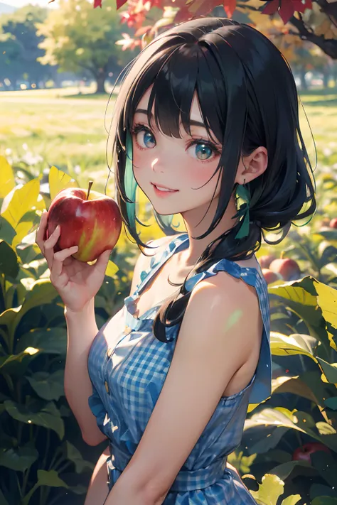 a 20 yo woman、Black blue Hair、poneyTail、Big smile、Blue gingham check dress、full body Esbian、Only two arms、(hi-top fade:1.3)、dark themed、Muted Tones、Subdued Color、highly contrast、Green meadow background、Have autumn fruits、apple、(natural skin textures、Hyper-...